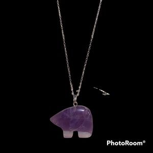 Carved Native American Real Amethyst Bear Necklace